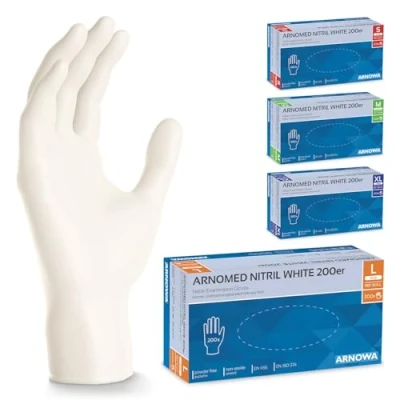 Abbildung von 400x ARNOMED Einweghandschuhe Weiß, Einmalhandschuhe L, Handschuhe Einweg (2x200 Stk), Gummihandschuhe puderfrei, latexfreie Nitrilhandschuhe in S, M, L &amp; XL, Putzhandschuhe, Koch /Küchen