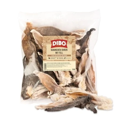 Abbildung von DIBO Kaninchen Ohren mit Fell, 250g Beutel 100% schonend getrockneter Naturkausnack für Hunde, natürliche Darmreinigung, natürlich und artgerechtes Barf Leckerli