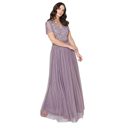 Abbildung von Maya Deluxe Damen Maxi Dress for Women Ladies Braidesmaid V neck Plus Size Ball Gown Short Sleeves Long El Brautjungfernkleid, Moody Lilac, 34 EU