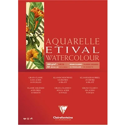Abbildung von Clairefontaine 96393C Aquarellblock Etival (matt, 300g, für alle Nasstechniken geeignet, 1 seitig verleimt, 10 Blatt, DIN A3, 29,7 x 42 cm, ideal Anfänger, säurefrei) weiß
