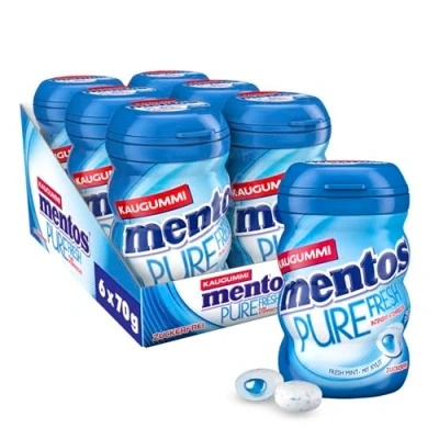 Abbildung von Mentos Kaugummi Pure Fresh Mint, 6 Boxen zuckerfreie Chewing Gum Dragees mit Pfefferminz Geschmack &amp; flüssiger Füllung, Multipack (6 x 70g)