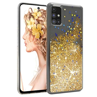 Abbildung von EAZY CASE Hülle kompatibel mit Samsung Galaxy M31s Schutzhülle Flüssig Glitzer, Handyhülle, Schutzhülle, Back Cover Glitter Flüssigkeit, TPU/Silikon, Transparent/Durchsichtig, Gold