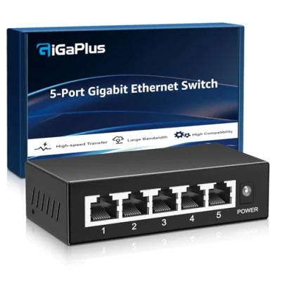 Abbildung von GiGaPlus 5 Port Gigabit Ethernet Switch Unmanaged, Netzwerk Splitter, Tisch oder Wandmontage, lüfterlos, Plug and Play, Metallgehäuse, Mini Gehäuse
