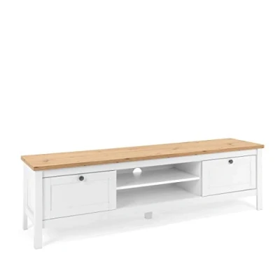 Abbildung von Newfurn TV Board Weiß Wildeiche Lowboard Vintage Landhaus 160x45x40 cm (BxHxT) Schrank Fernsehtisch Rack [Eireen.Five] Wohnzimmer