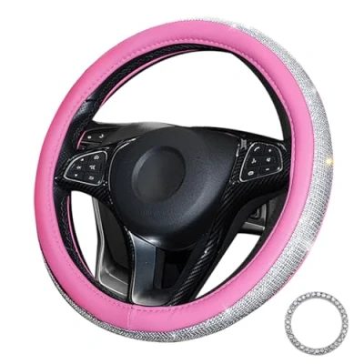 Abbildung von Lifetooler Lenkradbezug Glitzer mit Bling Strass Lenkradhülle Leder Strasssteine Atmungsaktive Universal 38cm/15 Inch Bequem Anti Rutsch Auto Accessoires für Frauen (rosa weiß)