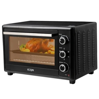 Abbildung von ICQN Minibackofen 50L mit Umluft, 1800 W, Drehspieß, Innenbeleuchtung, Pizzaofen, 60 Min Timer, inkl. Backblech Set, Mini Ofen
