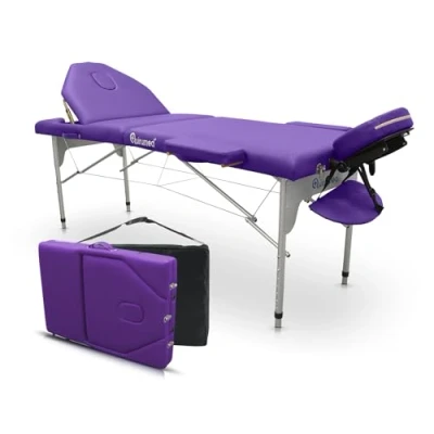 Abbildung von QUIRUMED Pro Klappmassageliege aus Aluminium, 186 x 66 cm, mit klappbarer Rückenlehne, Farbe Lila, Kunstleder, Gesichtsloch, Abnehmbarer Kopf, höhenverstellbar, 2 Abschnitte, bis 150 kg