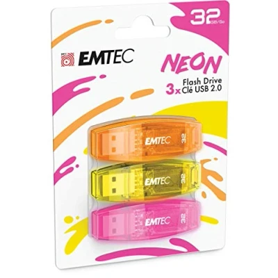 Abbildung von EMTEC USB Stick 2.0 C410, Flash Laufwerk 32 GB, Lesung 5 MB/S, Schreiben 15 kompatibel mit 2.0, 3.0, Transparent Neon, Kappe, 3 Stück Orange, Gelb, Rosa