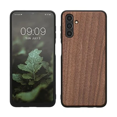 Abbildung von kwmobile Hülle kompatibel mit Samsung Galaxy A04s Holz Case stoßfestes Handy Cover TPU Handyhülle in Dunkelbraun