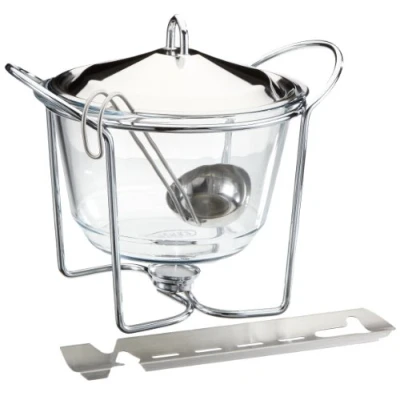 Abbildung von APS 65065 Feuerzangenbowle Set, Zuckerzange, Feuerzange, Punschgefäß, Glasschale, Edelstahldeckel, hochglanzpoliert, Stövchen, verchromt, Schöpfkelle, für ca. 4 Liter