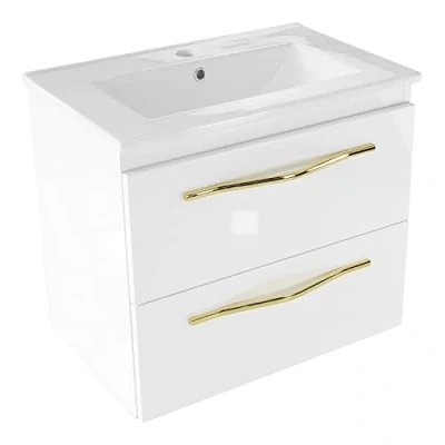 Abbildung von paplinskimoebel badezimmermöbel GIRONA60 Set unterschrank + waschbecken, 60 x 39 55 cm, badschrank Einbau Waschbecken aus Keramik, Hochglanz Korpus, Weiß Gold, hängeschrank, Glamour Style