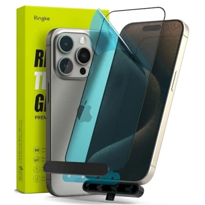 Abbildung von Ringke Full Cover Glass Kompatibel mit iPhone 15 Pro Max Displayschutzfolie 6,7 Zoll, Premium 9H Härte Bruchsichere Gehärtetes Glasfolie Einfachem Installationskit