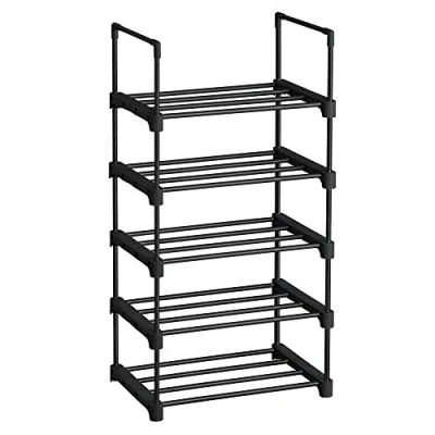 Abbildung von SONGMICS Schuhregal mit 5 Ebenen, offener Schuhschrank hoch, Schuhständer schmal, Schuhaufbewahrung, aus Metall, platzsparend, für Ankleidezimmer, Flur, 30 x 45 89,5 cm, schwarz LSA005B02