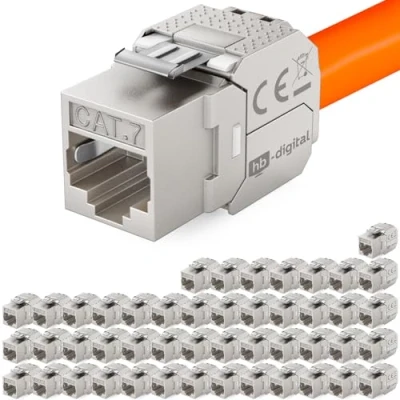 Abbildung von hb digital 48x CAT 7 Keystone RJ45 Modul Buchse für LAN Kabel 10 Gbit/s bis 600 MHz AWG 22 24 werkzeuglos LSA vollgeschirmt STP Einbaubuchse Patchpanel und Netzwerkdose