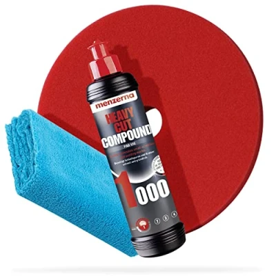 Abbildung von detailmate Menzerna Auto Politur Set: 1000er Körnung, 250 ml mit passendem Polier Pad: + Heavy Cut Foam 150 mm / 6.0&quot; Flauschiges Mikrofaser Poliertuch 40x40 cm, 450 GSM