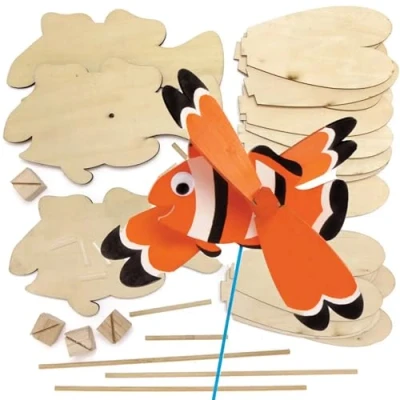 Abbildung von Baker Ross FE231 Windräder Bastelsets aus Holz, Motiv: tropische Fische, 3 Stück, für Kunst und Bastelprojekte, Holzhandwerk Kinder zum Dekorieren, Gestalten Präsentieren