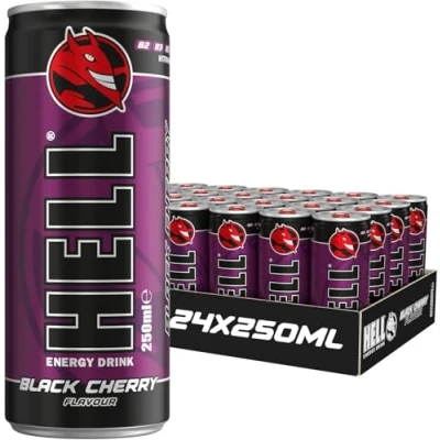 Abbildung von HELL BLACK CHERRY Energy Drink +20% More Caffeine Vitamins B2, B3, B6, B12, C &amp; D No Preservatives Environmentally Friendly Packaging 24 x 250 ml Compatible with