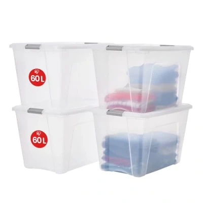 Abbildung von Iris Ohyama Aufbewahrungsboxen mit Deckel, 60L, 4er Set, Silber, Sicherer Verschluss, Stapelbar, Griffe, für Schlafzimmer, Schrank, Büro, Organisation, BPA freies Plastik, Ordnungsboxen, NTB 60