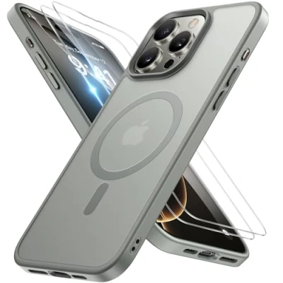 Abbildung von Miracase Magnetisch für iPhone 16 Pro Hülle Magsafe[mit 2 Schutzglas] Militärschutz Stoßfest Kratzfest Anti Fingerabdruck Samtige Touch Dünn Handyhülle 6,3 Zoll, Grau