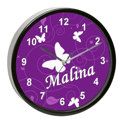 Abbildung von CreaDesign, WU 01 1032 05, Schmetterling Lila Wanduhr für Kinderzimmer, personalisierbar mit Namen, Rahmen schwarz, Durchmesser 19,5 cm