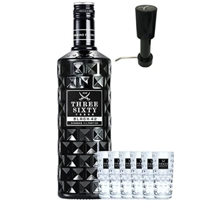 Abbildung von Three Sixty Black 42 Vodka 3,0 Liter + 6 Gläser und Pumpe