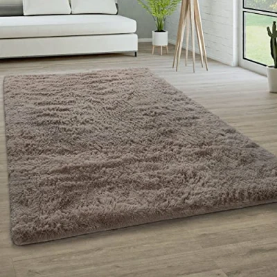 Abbildung von Paco Home Hochflor Teppich Wohnzimmer rutschfest Fellteppich Shaggy Flauschig Weich Modern Kunstfell Fell Imitat Einfarbig, Grösse:60x100 cm, Farbe:Taupe