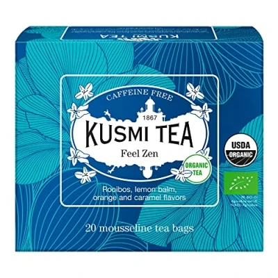 Abbildung von Kusmi Tea Feel Zen Bio Rooibos Beuteltee mit Apfel, Karamell und Orange Aromen Koffeinfreie Kräutertee Mischung Box 20 Musselin Teebeuteln
