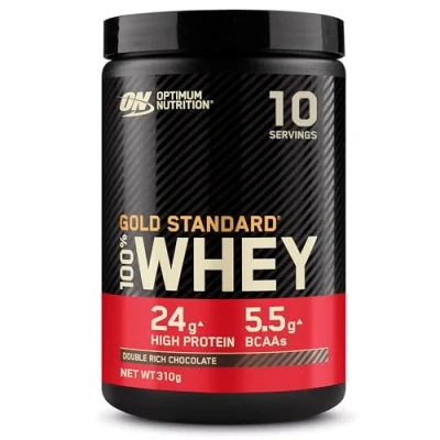 Abbildung von Optimum Nutrition Gold Standard 100% Molkenproteinpulver für Muskelaufbau und regeneration mit natürlich vorkommendem Glutamin BCAA Aminosäuren, Double Rich Chocolate, 10 Portionen, 310g