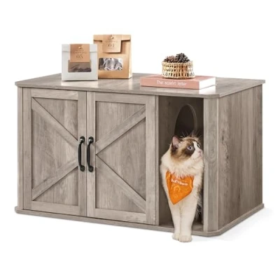 Abbildung von Feandrea Katzenhaus, Katzenklo Schrank modern, Vordereingang, mit Doppeltür und Griffen, als Sideboard, 85 x 48,5 50 cm, Greige meliert PCL012G01