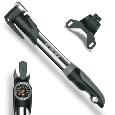 Abbildung von SKS GERMANY INJEX CONTROL Minipumpe (Luftpumpe für alle Ventilarten, T Griff mit Teleskop Funktion, Manometer, Ventilklemmhebel, max. Druck: 10 bar/144 PSI), silber
