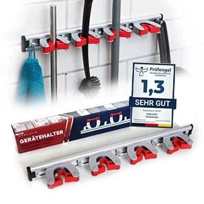 Abbildung von Garlavie Besenhalterung Wand mit 4 Haltern und 5 Haken (45cm) I robuster Gerätehalter für mehr Ordnung Premium Besenhalter Gartenwerkzeug Halterung