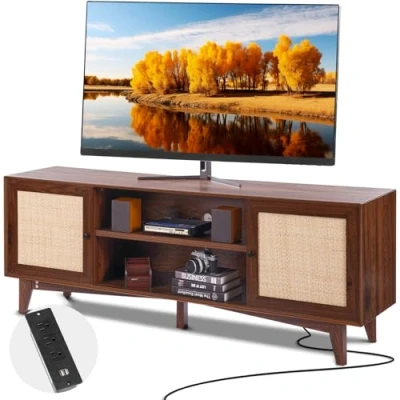 Abbildung von VEVOR Rattan TV Ständer 191cm Fernseher Boho Schrank Fernsehschrank Walnuss