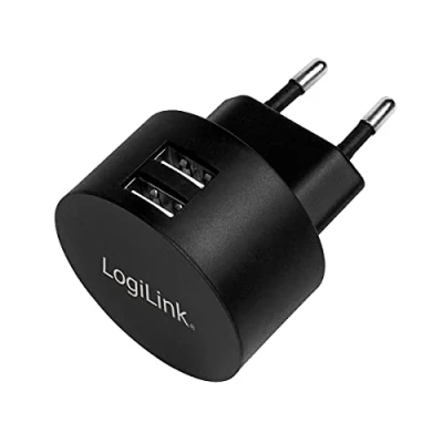 Abbildung von LogiLink PA0218 Fast Charging USB Steckdosenadapter (2x A, 10,5W) für Smartphones/Tablets/MP3 MP4 Player/eBooks/Navi/etc. mit Überlade , Tiefentlade Überlast und Kurzschlussschutz, schwarz