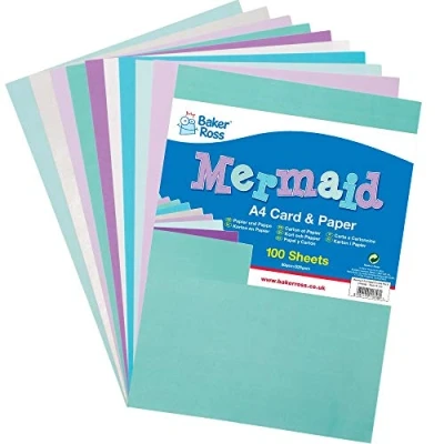Abbildung von Baker Ross AX996 Meerjungfrau Bastelkarton und Bastelpapier 100 Blatt, DIN A4 Bunte Karte Papier zum Basteln für Kinder Erwachsene,