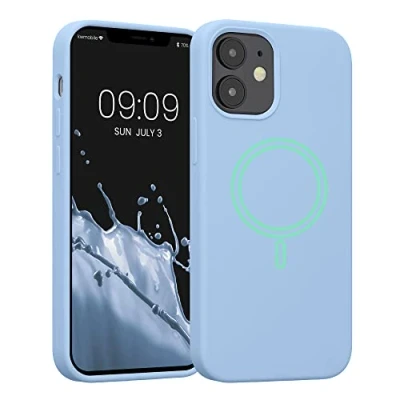 Abbildung von kwmobile Hülle kompatibel mit Apple iPhone 12 Mini magnetisches Silikon Case MagSafe Cover gummiert Hellblau matt