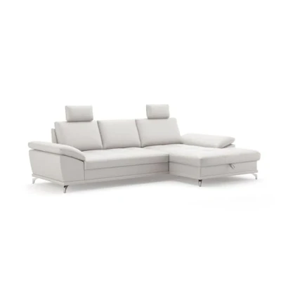 Abbildung von Cavadore Ecksofa Castiel mit Federkern / Eckcouch großem Longchair, Sitztiefenverstellung, Kopfstützen und mattschwarzen Metallfüßen 301 x 89 114 176 Echtleder, Weiß