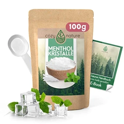 Abbildung von CozyNature® Mentholkristalle Premium Qualität made in Germany Sauna Zubehör Saunaaufguss 100g Menthol Kristalle 100% naturreines Minzöl inkl. Gratis E Book