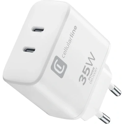 Abbildung von Cellularline Dual Charger 35W Power Delivery Netzwerk Ladegerät mit USB C Anschluss Laden Sie bis zu 2 Apple Geräte gleichzeitig Weiß