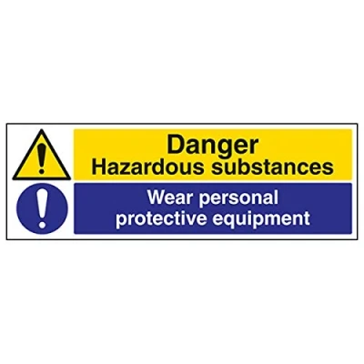 Abbildung von vsafety 6 a082bp s &quot;Gefahr Gefahrstoffe/Tragen Schutzbekleidung&quot; Achtung Substanz und chemische Zeichen, selbstklebendes Vinyl, Landschaft, 600 mm x 200 mm, schwarz/blau/gelb