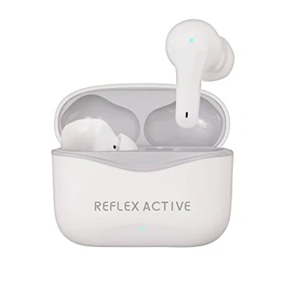 Abbildung von Reflex Active PRO TWS Inear Kopfhörer mit BT5.2 aktiver Geräuschunterdrückung und sicherer Raumtransparenzfunktion. Weiße Gummilackierung Markenlogo auf der Hülle