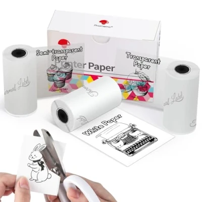 Abbildung von Phomemo Selbstklebendes Thermopapier für T02, M02, M02S, M02Pro, M03, M03AS, M04S, M04AS Mini Thermodrucker, Weiß/Transparent/Halbtransparent Druckerpapier, 3 Rollen