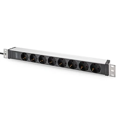 Abbildung von DIGITUS Steckdosenleiste mit Aluminiumprofil, 8 Fach Schutzkontaktsteckdose, 2 m Zuleitung, IEC C20 Stecker, 482,6 mm (19&quot;) x 45 (1HE)