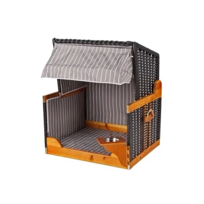 Abbildung von Woodtex Hundestrandkorb Kieferholz Hundehütte anthrazit inkl. Schützhülle schwenkbarer Wasser /FutternapfSonnenschutz Hunde und Katzen Rattan Schwarz mit weißen Nadelstreifen