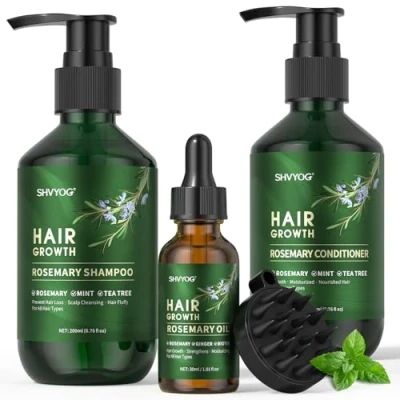 Abbildung von Rosmarin Shampoo Conditioner Set, Haarwuchsöl Mit Minz Biotin, gegen Haarausfall, reinigt das Haar und spendet ihm Feuchtigkeit, Kopfhautmassagebürste, 200ml*2+30ml