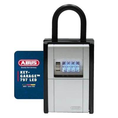 Abbildung von ABUS KeyGarage 797 LED Schlüsselbox mit Bügel zur Befestigung beleuchteten Zahlenwalzen für Schlüssel oder kleine Wertgegenstände Schwarz Silber