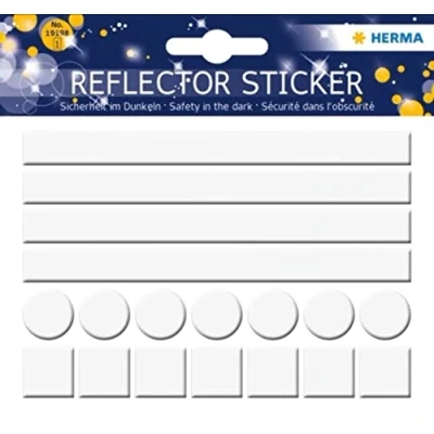 Abbildung von HERMA 19198 Reflektor Aufkleber neutral weiß rund rechteckig quadrat, 18 Stück, selbstklebend Kinder Sticker für Fahrrad Helm Schulranzen Rollator Koffer, Leuchtaufkleber Leuchtsticker Set