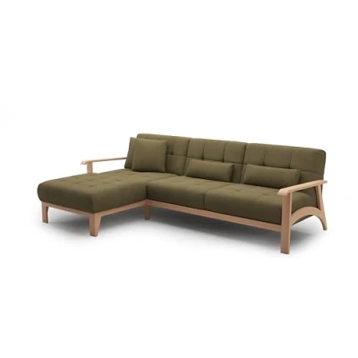Abbildung von Cavadore Ecksofa Billan / Schlafsofa im skandinavischen Design mit Longchair, Bett und massivem Holzgestell in Buche 264 x 88 183 Mehrfarbiger Strukturstoff, Grün