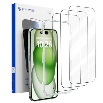 Abbildung von SYNCWIRE für iPhone 15 Panzer Schutz Glas 3er Pack, Vollständige Abdeckung, Splitterfestes 9 H Gehärtetes [Einfache Installation] [Blasenfrei] [99,99% HD] Apple 6,1&quot;