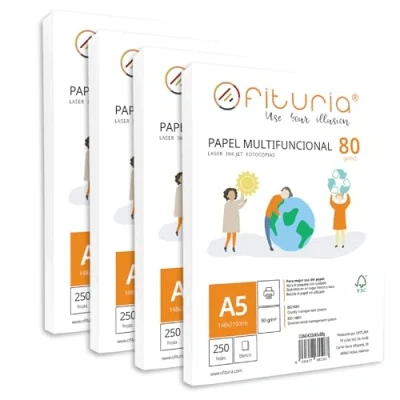 Abbildung von Packung mit 80 g A5 Blättern, 1500 Blatt, weißes Multifunktionspapier für Schule und Laborals, ideal Laserdrucker, Tintenstrahldrucker oder Kopierer Ofituria