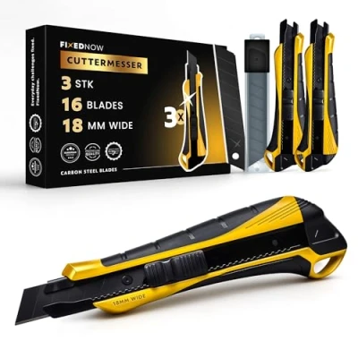 Abbildung von FixedNow 3 x Cuttermesser Profi 18mm set + 16 extra scharf ersatzklingen aus Japanischer Carbonstahl Cutter Messer Teppichmesser Utility Knife Kater tapetenmesser metall